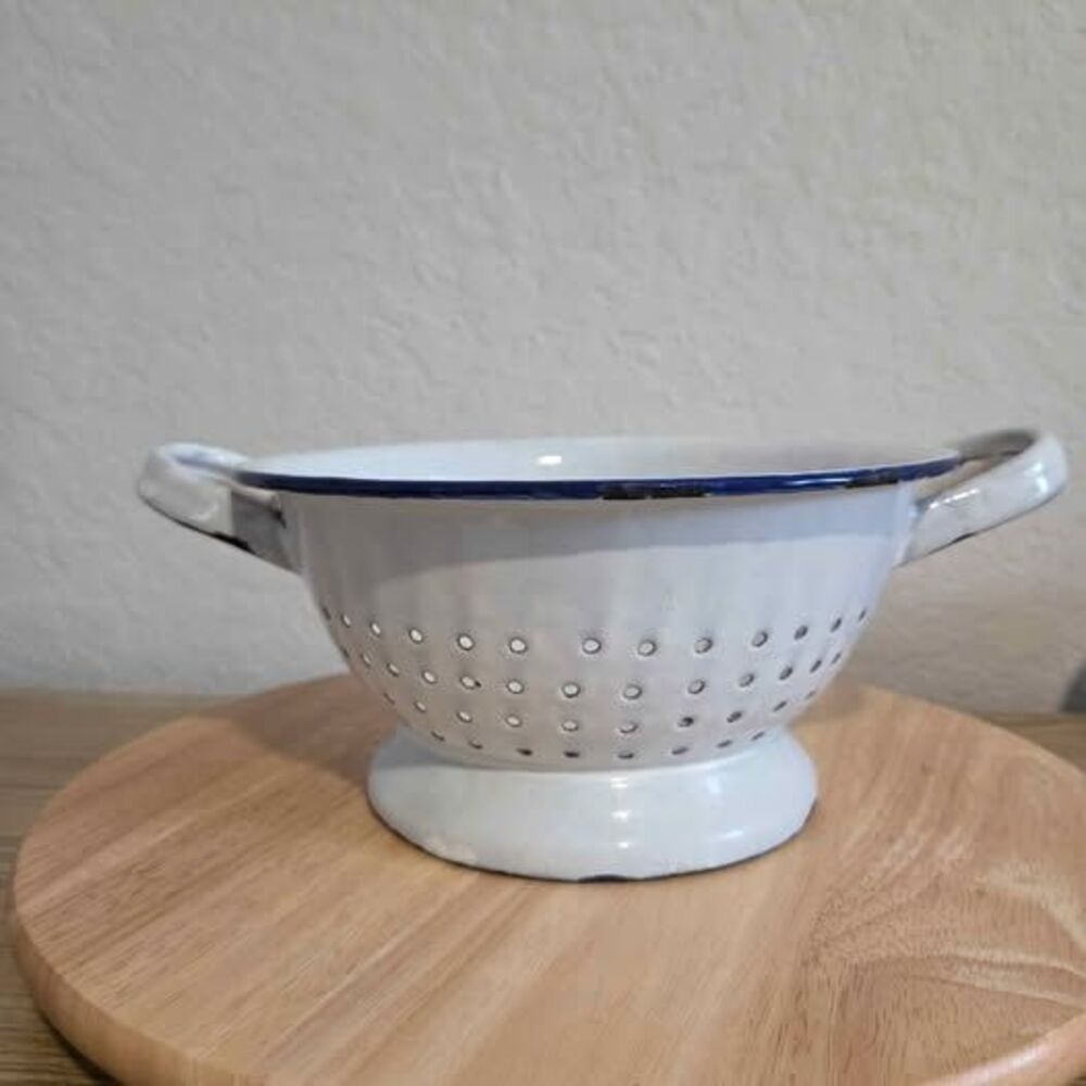 Vintage Blue White Enamelware Pedestal Colander Cottagecore
